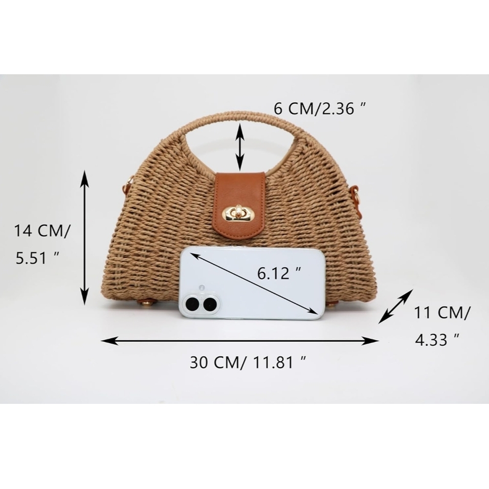 Straw Woven Handle Crossbody Bag with Tan Trim - Picture 3 of 7